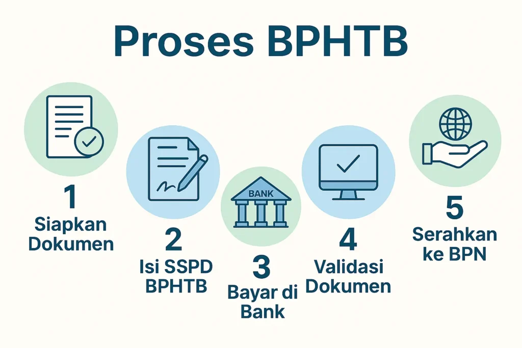 Infografis langkah-langkah cara mengurus BPHTB dari dokumen, pembayaran, hingga serah ke BPN.