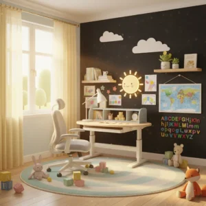 Ruang belajar anak dengan dinding edukatif, lengkap dengan stiker alfabet, rak buku, dan meja kursi anak ergonomis