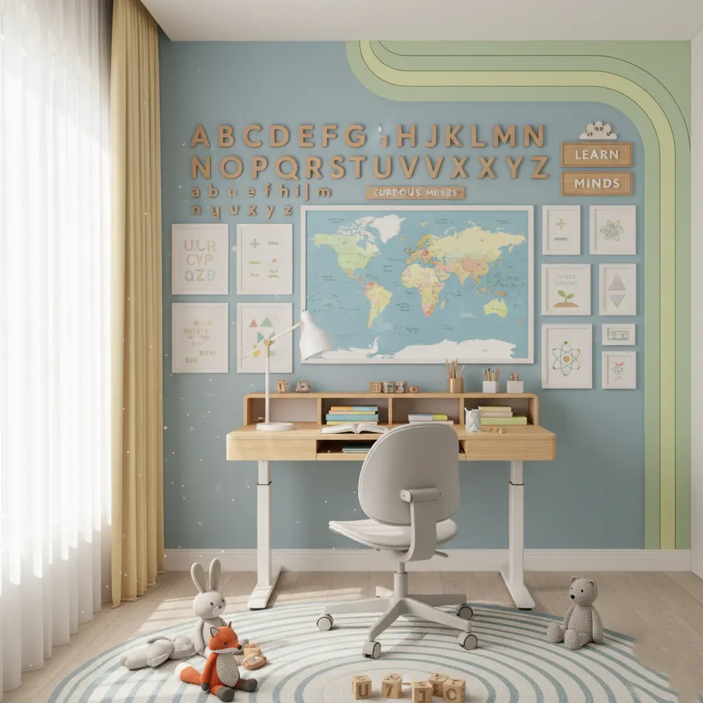Ruang belajar anak yang dipersonalisasi dengan foto keluarga, quotes motivasi, dan karya anak di dinding