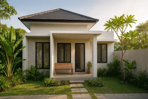 desain rumah sederhana dengan taman kecil di depan, cocok untuk keluarga muda Indonesia