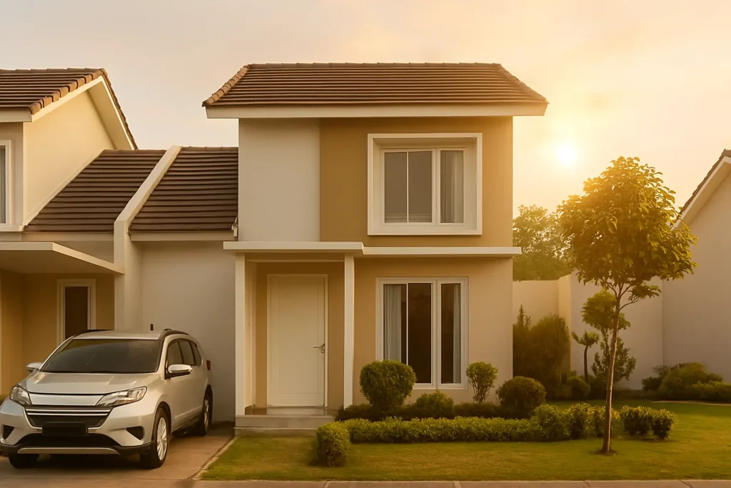 Tampak depan rumah di perumahan terdekat dengan taman kecil dan area parkir.