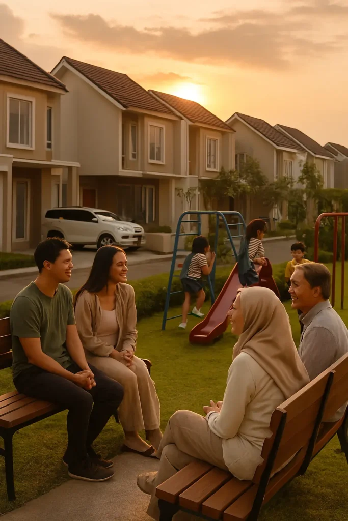 Suasana perumahan terdekat pada sore hari dengan anak-anak bermain di taman.