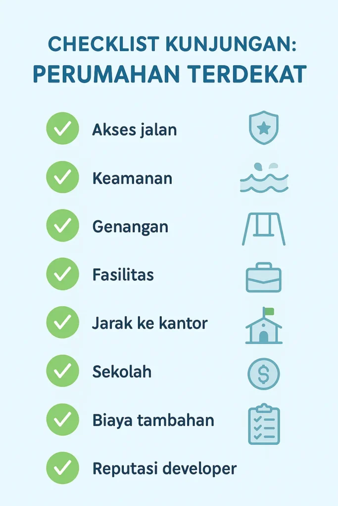 Infografis checklist kunjungan lapangan untuk menilai perumahan terdekat.