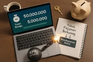 Visual simbolis tentang membebaskan diri dari beban KPR jangka panjang dengan alat potong bertuliskan Pembayaran Extra KPR.