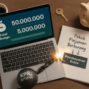 Visual simbolis tentang membebaskan diri dari beban KPR jangka panjang dengan alat potong bertuliskan Pembayaran Extra KPR.